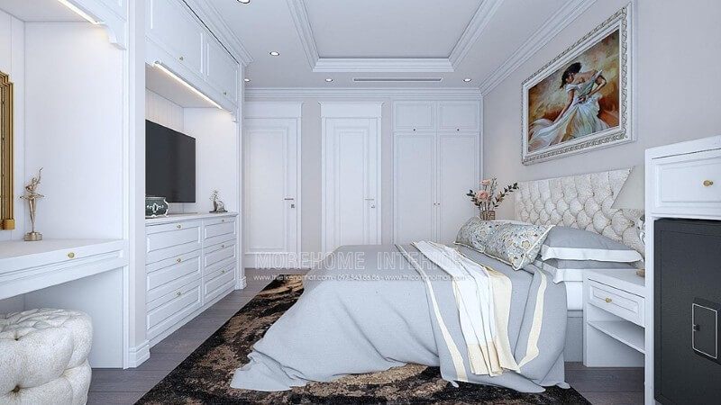 Chiếc giường với tab đầu giường ốp sofa cao cấp làm điểm nhấn cho không gian phòng ngủ này.