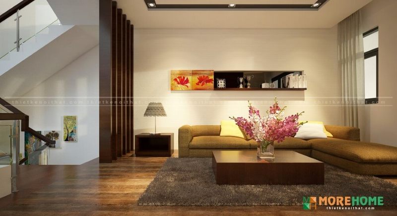 Mẫu sofa chữ L chọn vải cho phòng khách nhà phố đẹpsang trọng với tông màu nâu sáng là điểm nhấn mang lại không gian ấm cúng