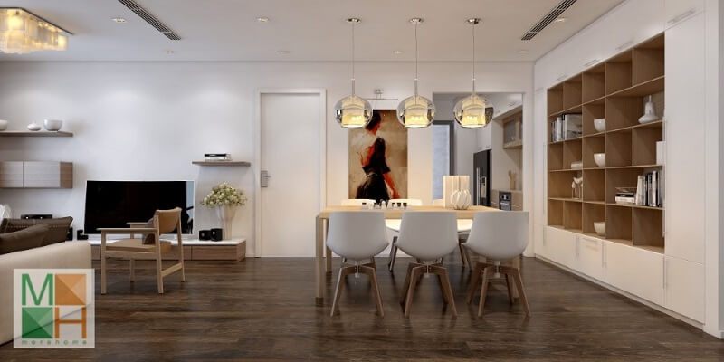 Thiết kế không gian phòng ăn chung cư đẹp liên kề với phòng khách mang đến cảm giác thoải mái tiện nghi.