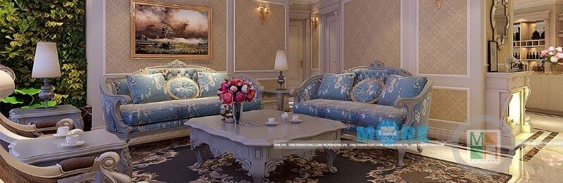 Mẫu sofa tân cổ điển đẹp MS-021 gỗ tự nhiên được chạm trổ tỉ mỉ, tinh tế, bọc nỉ hoa văn cao cấp làm tăng thêm sự sang trọng cho phòng khách
