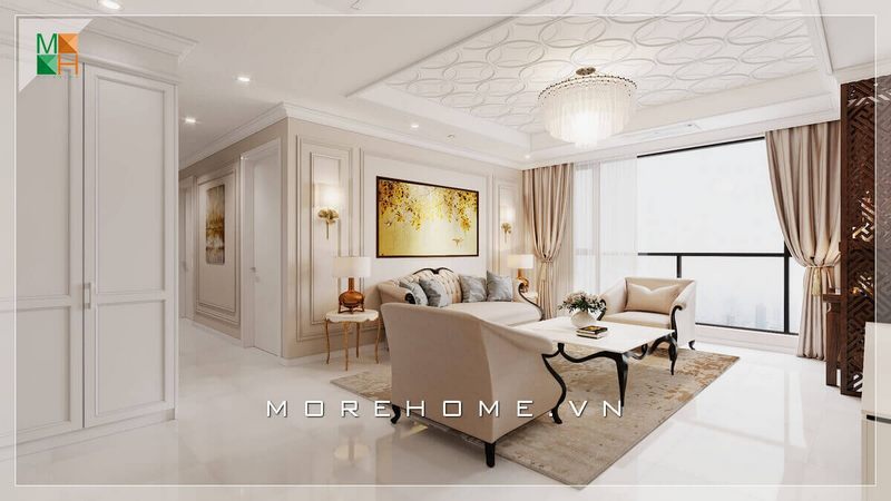 Ấn tượng với từng chi tiết thiết kế tổng quan của một không gian nhà, từng đường chỉ phào đặc trưng của tân cổ điển đến bộ bàn ghế sofa phòng khách rất tinh tế, chạm khắc uốn lượn mềm mại chân ghế gỗ tự nhiên sang trọng thể hiện rõ phong cách tân cổ điển.
