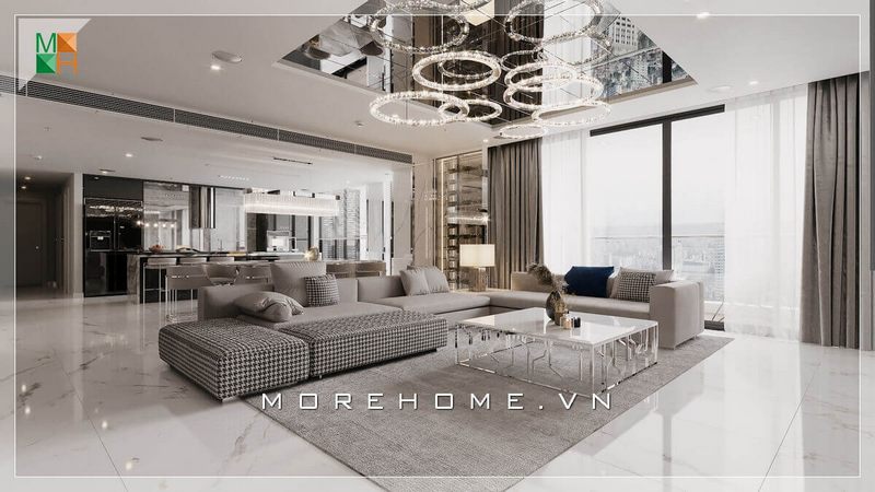 Mẫu thiết kế phòng khách biệt thự với đồ nội thất tông màu ghi mang đến sự sang trọng, đẳng cấp cho không gian